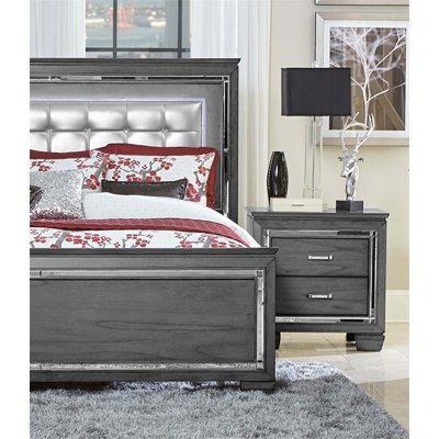 Table de chevet glamour avec 2 tiroirs, façades en faux alligator texturé et éclairage DEL pour les chambres à coucher modernes
