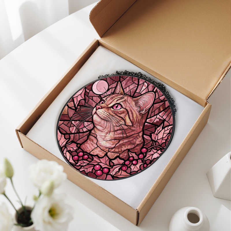 7.8"H Cat Leaves Stained Glass Window Panel, 7.8" H x 7.8" W