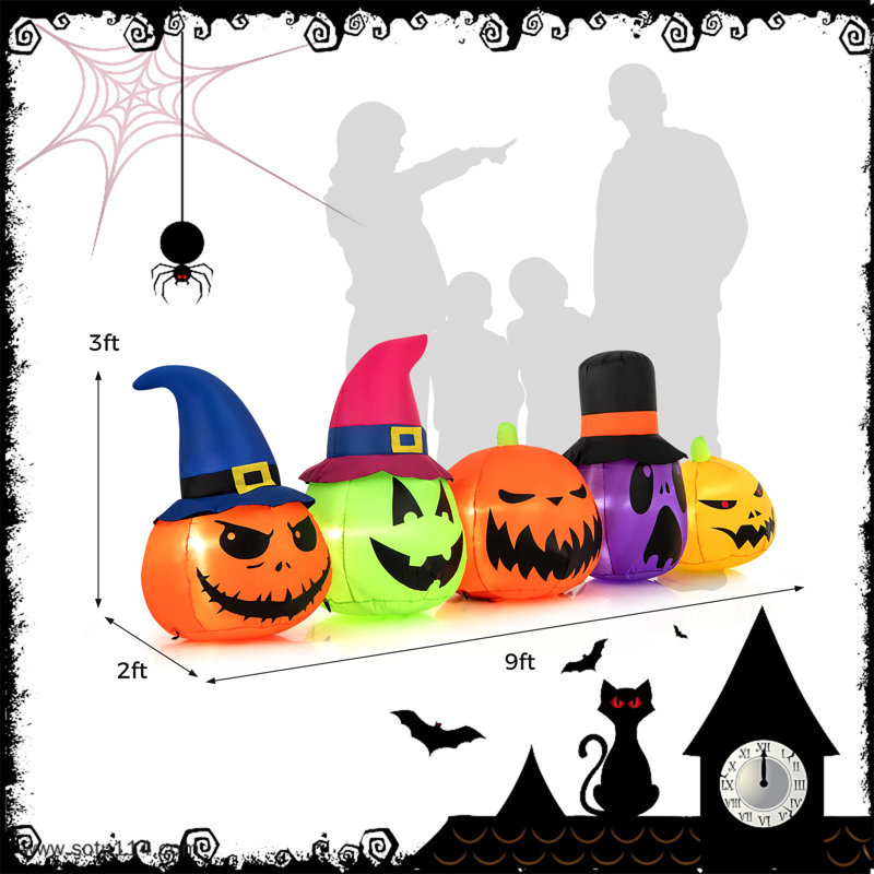 9 Ft Inflatable Multicolor Pumpkin Patch Family with LED Lights and Witch Hats