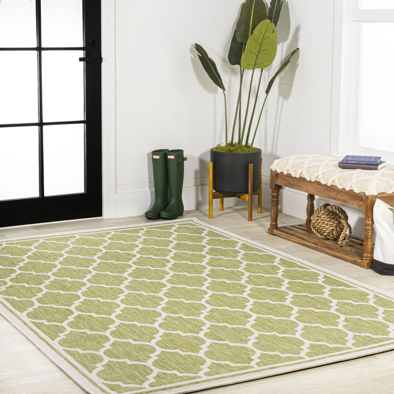 Trebol Moroccan Trellis Textured Weave Green/Cream Indoor/Outdoor Rug, Rectangle 9' x 12'