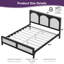 Grand lit plateforme en bois avec tête et pied de lit en rotin, structure en bois de pin massif, style naturel boho, aucun sommier requis, capacité de 600 lb, assemblage facile-221526390