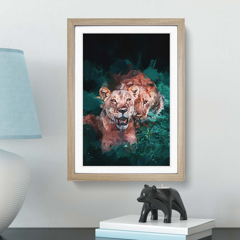 Lioness Duo in Abstract - Picture Frame Graphic Art Print, 76cm H x 50cm W x 2cm D, Oak