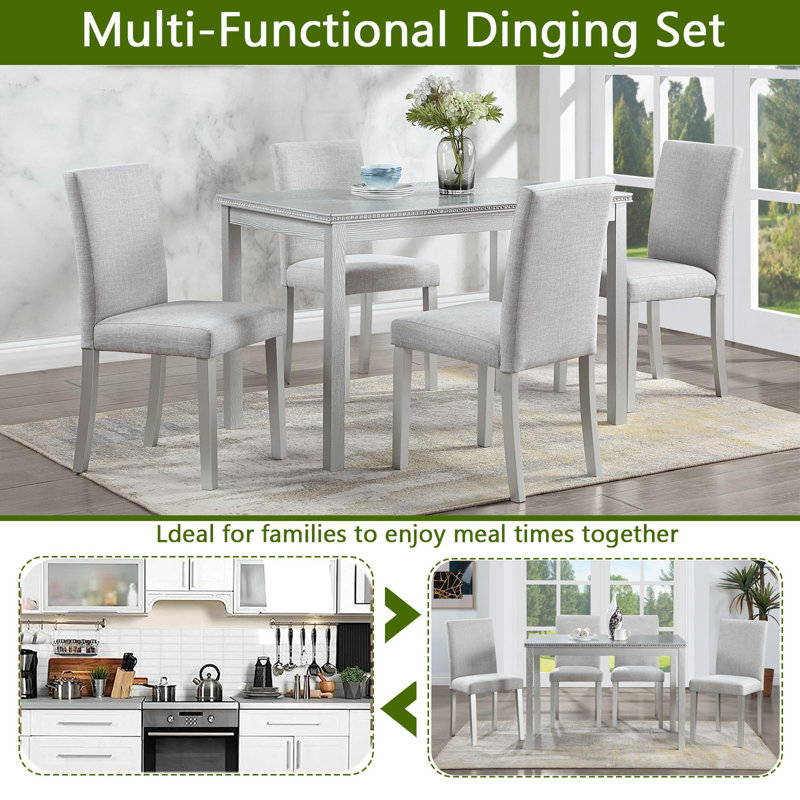 Dining Table Set 5 Pieces, Silver Gray, Silver Gray