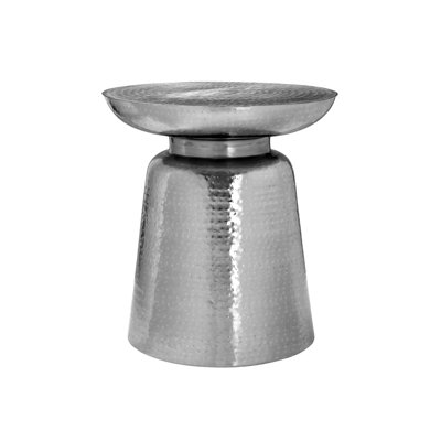 Contemporary Chrome Metal Accent Table, Versatile Drum-Shaped Design for Living Room and Bedroom Use