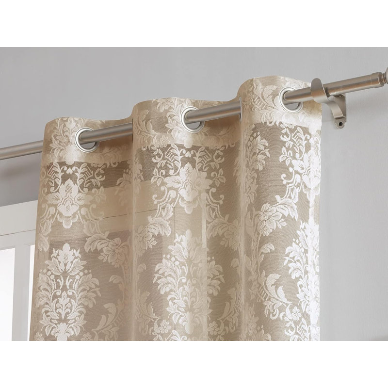Pair Of Color Knitted Lace Curtains With 6 Grommets Per Panel, Gold, 38" W x 63" L 