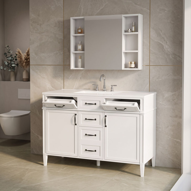 Armoire de meuble-lavabo 48 po avec comptoir en composite, 4 tiroirs et tablettes réglables, White