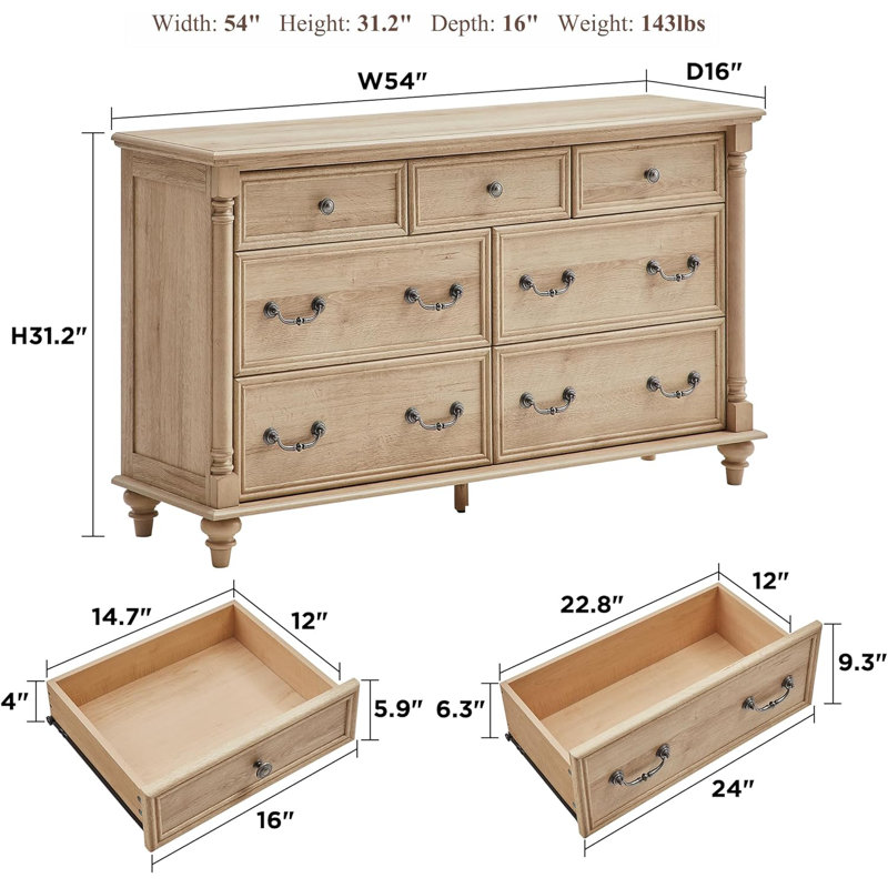 Ojaswi Farmhouse 7 - Drawer Dresser, Wood Rustic Dresser Chest of Drawers with 2 Size Drawers for Bedroom, Living Room