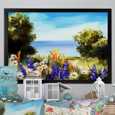 «Spring Flowers on Ocean Scenery», reproduction d'art sur toile encadrée