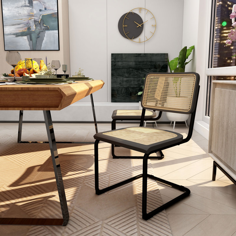 Tan and Black Metal Cane Side Chair, 21" x 18" x 33"