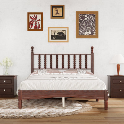Retro Style Wood Platform Bed With Gourd Shaped Headboard And Slat Support