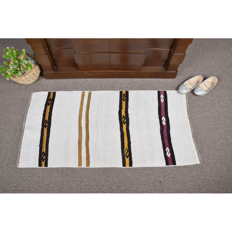 Vintage Turkish Kilim Rug: Handwoven Antique Hemp, White Flat-Weave Striped Authentic Small Area Rug