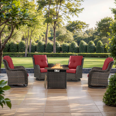 Wendye 5-Piece Outdoor Furniture Chair Set, 4 Swivel Chairs & 55K BTU Fire Pit Table