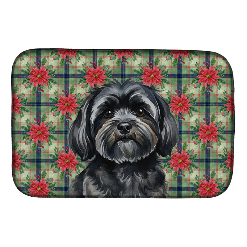 Tapis de vaisselle noir Lhasa Apso Christmas PoinsettIas