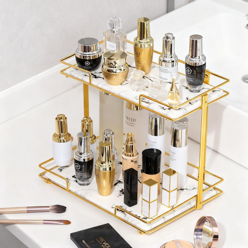 Organisateur de comptoir de salle de bain à 2 niveaux avec plateaux à motif de marbre, maquillage en métal robuste et étagère de rangement pour cosmétiques pour meuble-lavabo et commode