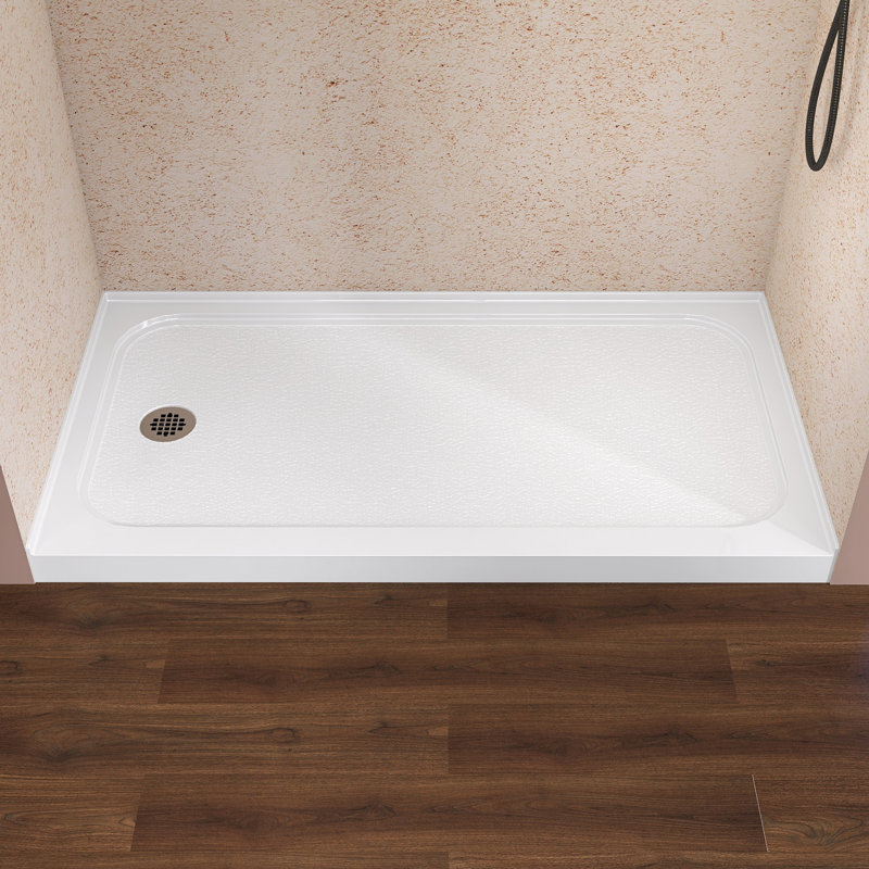 60 po X 32 po Base de douche en acrylique à seuil simple en acrylique avec plateau central et drain central en blanc, Gauche