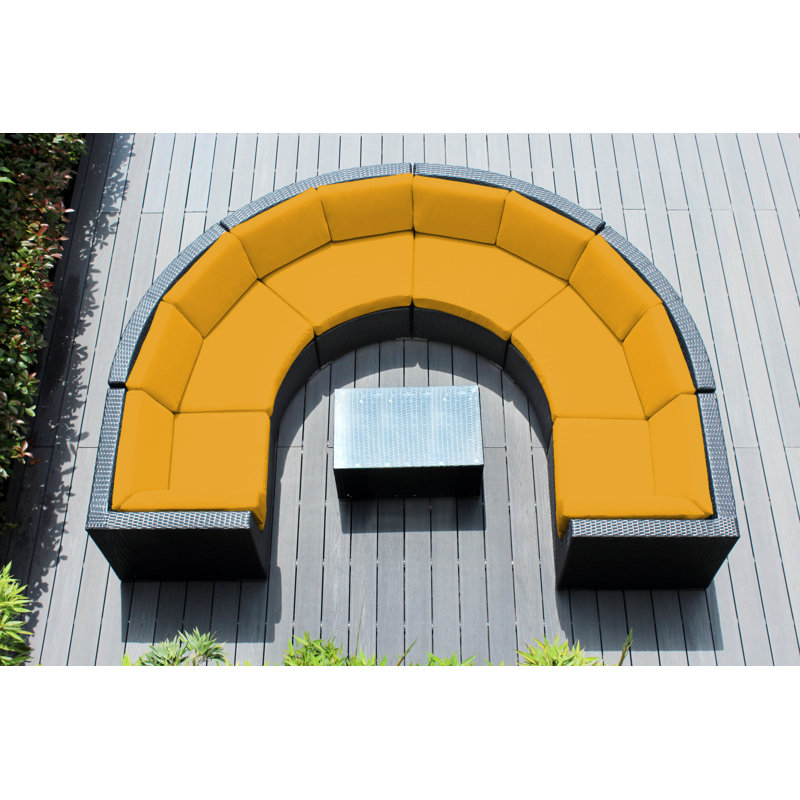 Ensemble de conversation courbé en osier pour 6 personnes avec coussins Popham, Noir, Toile Sunbrella® jaune tournesol