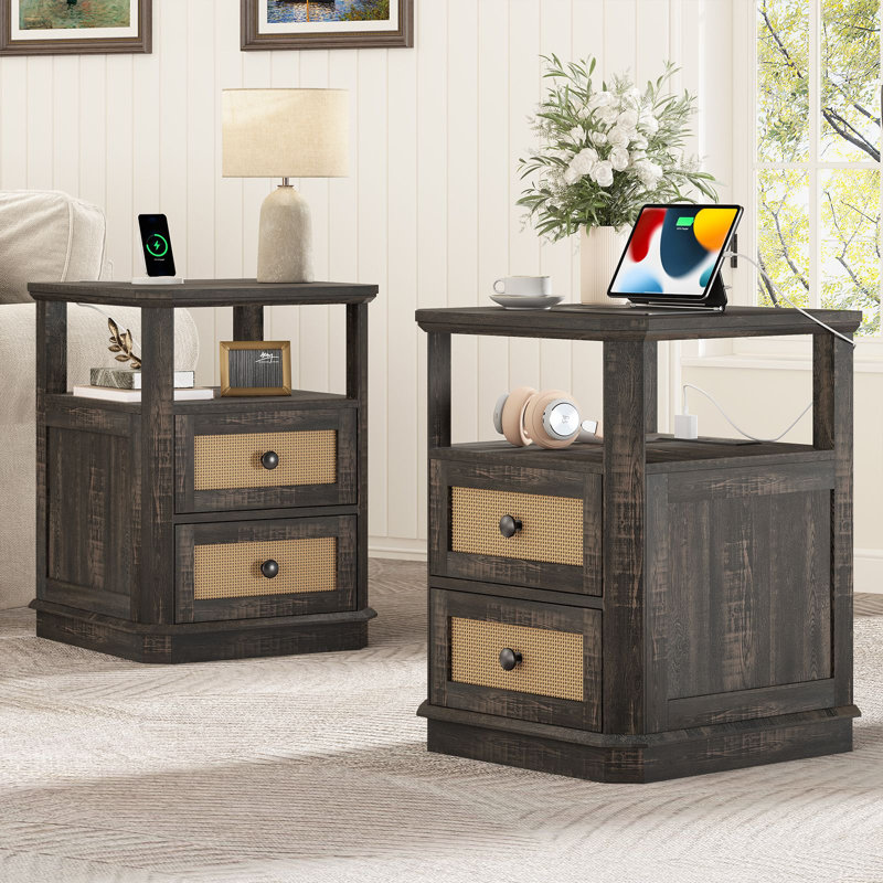 Tables de chevet en rotin avec rangement et prises rapides intégrées pour la chambre à coucher, tables de chevet à 2 tiroirs pour le salon