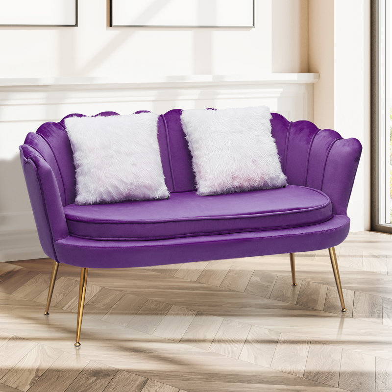 Upholstered Velvet Loveseat Sofa with Pillows and Gold Metal Legs for Living Room, Bedroom, Office, Black Polyurethane