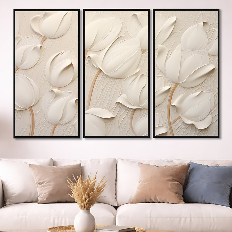 Minimalisme blanc tulipes symphonie - ensemble de reproductions d'art mural tulipes, Cadre flottant noir