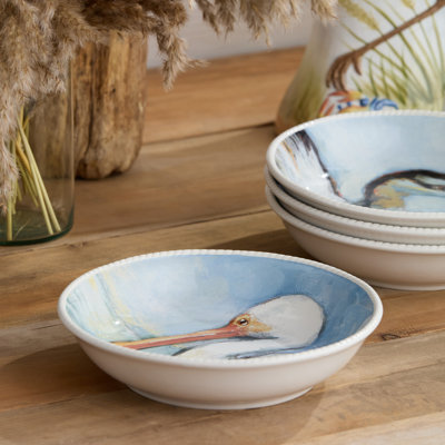 Ensemble de 4 bols à soupe Coastal Birds, 4, oiseaux de terre humide conçus par des artistes en porcelaine, scènes de marais à ciel bleu, bols de céréales côtières allant au lave-vaisselle