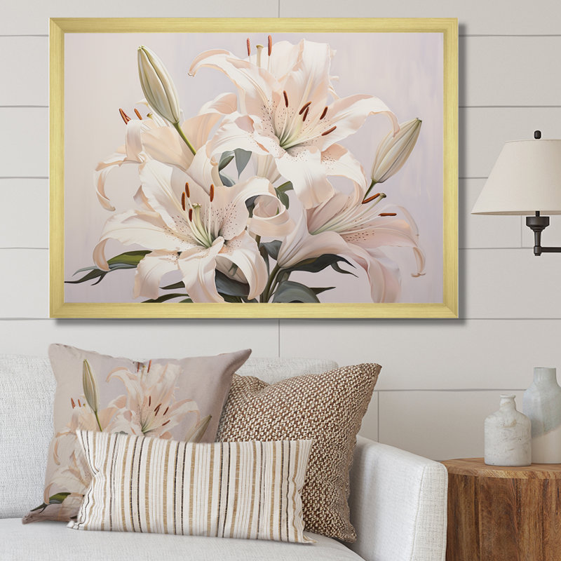 Lys blancs en fleur II sur toile, H 16 po x l 32 po x P 1 po, Cadre doré simple