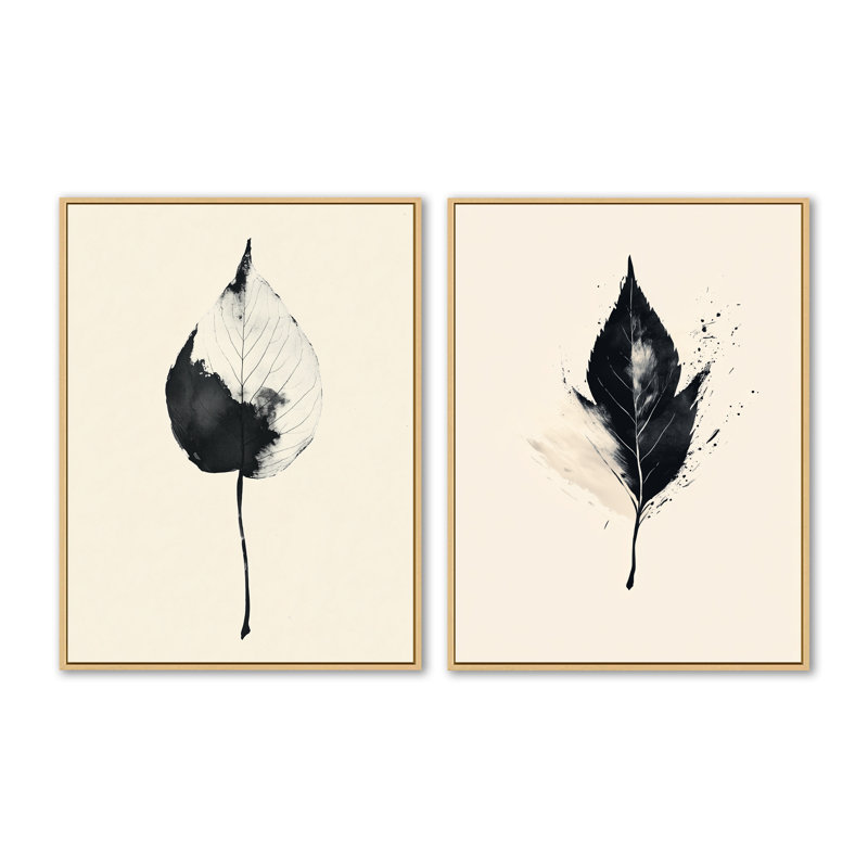 Feuille en un seul coup de pinceau I - Tableau mural en deux parties, 32" H x 48" W, Natural Floater Framed