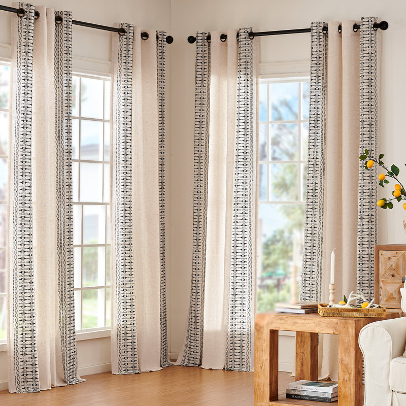 Paire de rideaux semi-transparents en lin Kidist, L 50 po x L 84 po, Noir / Beige