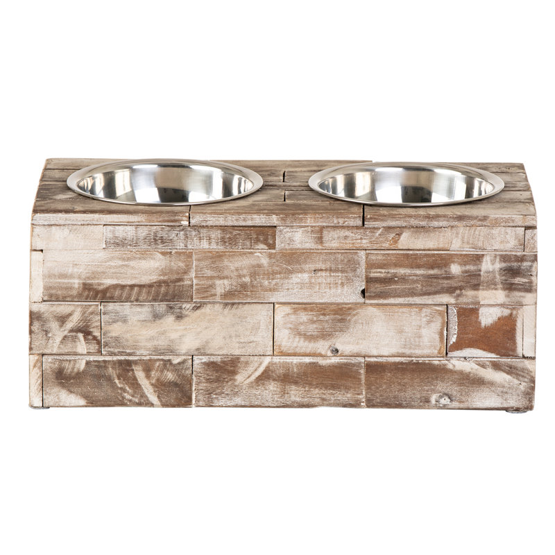Large Rustic Reclaimed Wood Elevated Pet Feeder with Stainless Steel Bowls