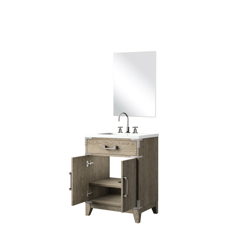 24 po De salle de bain en chêne gris avec comptoir en acrylique poli, robinet de salle de bain simple, miroir