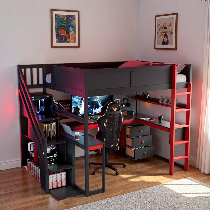Esports-inspired Wooden Loft Bed With Storage Stairs, Desk, Shelves & Pegboard, Red, Full