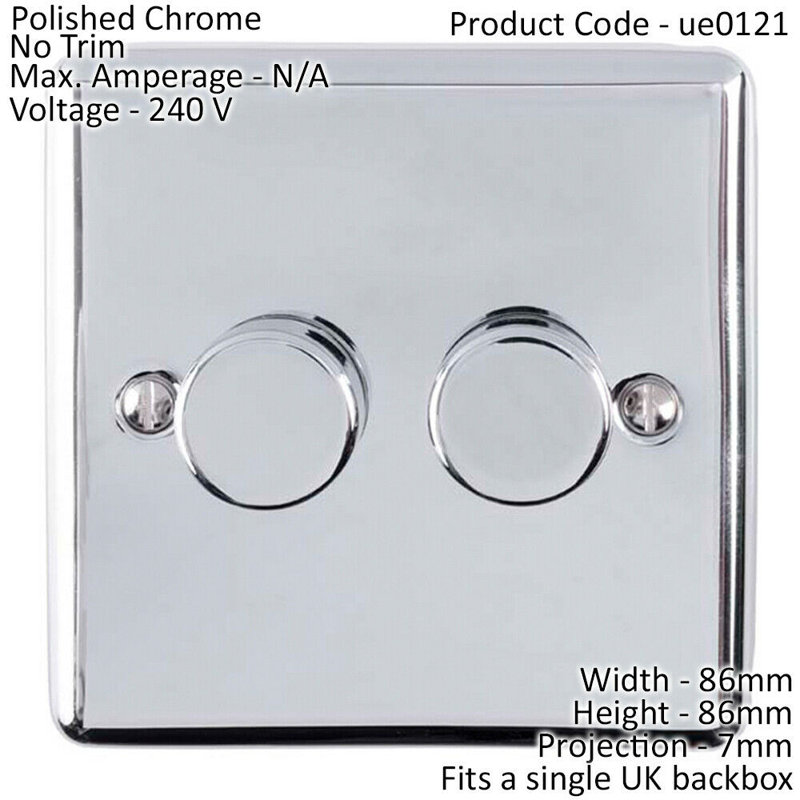 2 Gang 400W 2 Way Rotary Dimmer Switch CHROME Light Dimming Wall Plate, Silver, Chrome