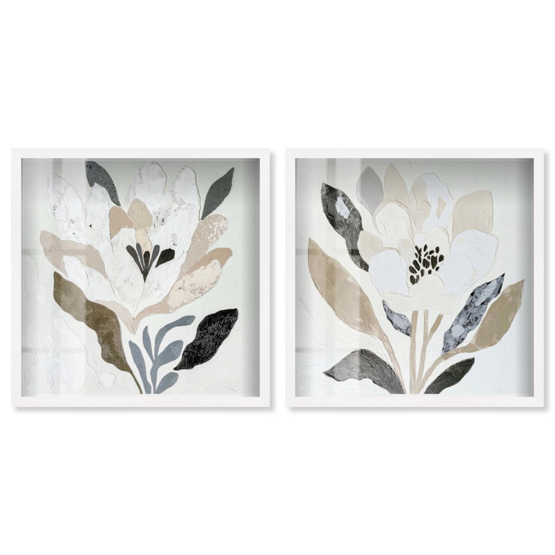 «Neutral Serenity Botanicals Shadowbox», ensemble de 2 décorations murales par Art Remedy, cadre blanc, 13 x 13, Cadre blanc