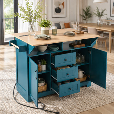 Kitchen Island with 2 Drop Leafs, Power Outlet, and Storage