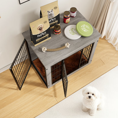 Gunji Furniture-Style Double Door Dog Crate End Table with Removable Cushion
