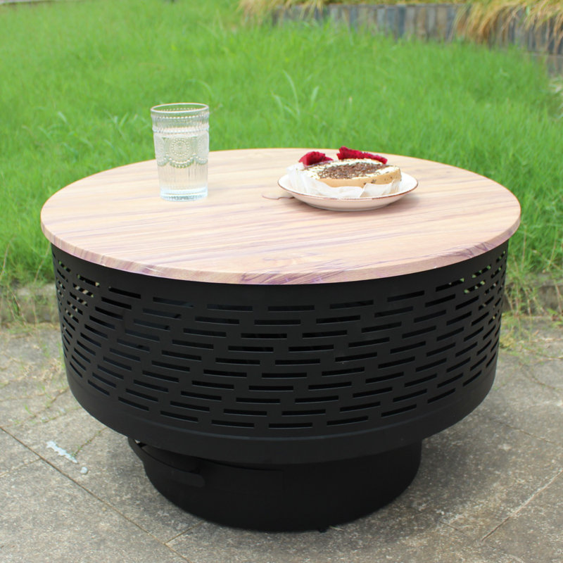 Outdoor Fire Pit with Grill, Fire Pit Table with Lid, Oak/Black, 17" H x 26" W x 26" D