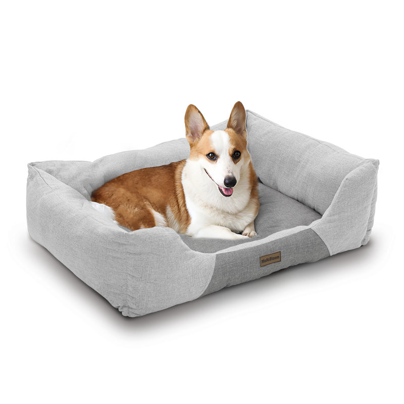 Large Light Gray Linen-Feel Rectangular Dog Bed with Raised Sides