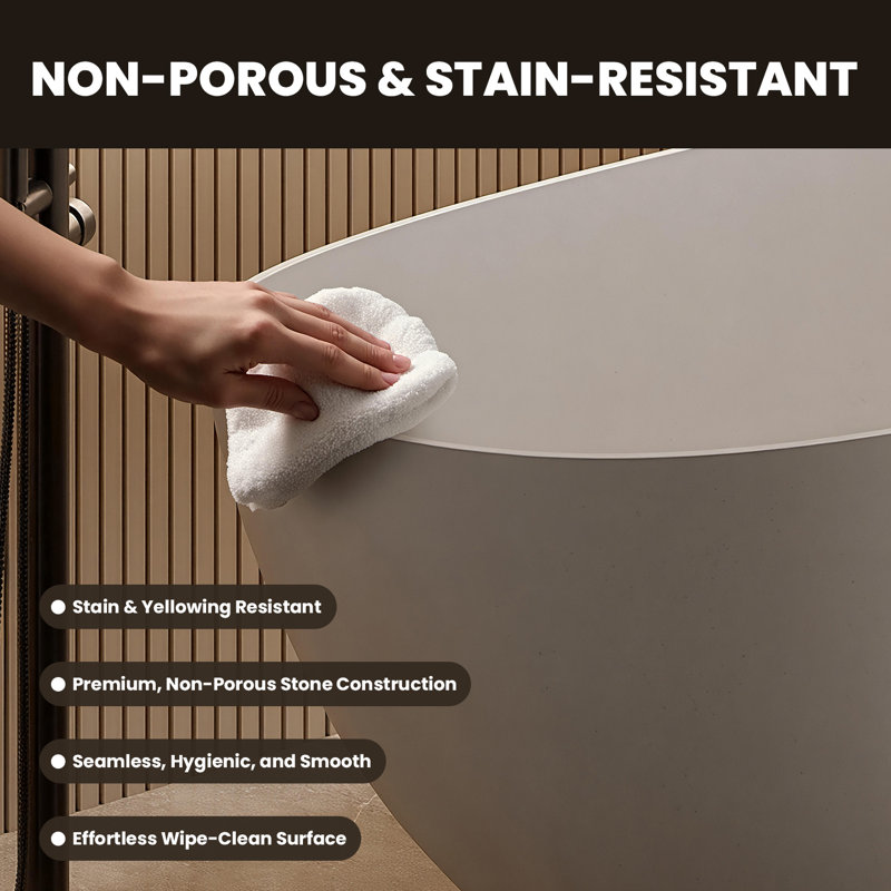 61" Freestanding Solid Surface Bathtub With Pop-Up Drainage And Overflow, Beige