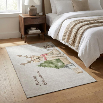 Tapis de Noël lavable pour chien vert et gris taupe 3 pi x 5 pi avec protection UV