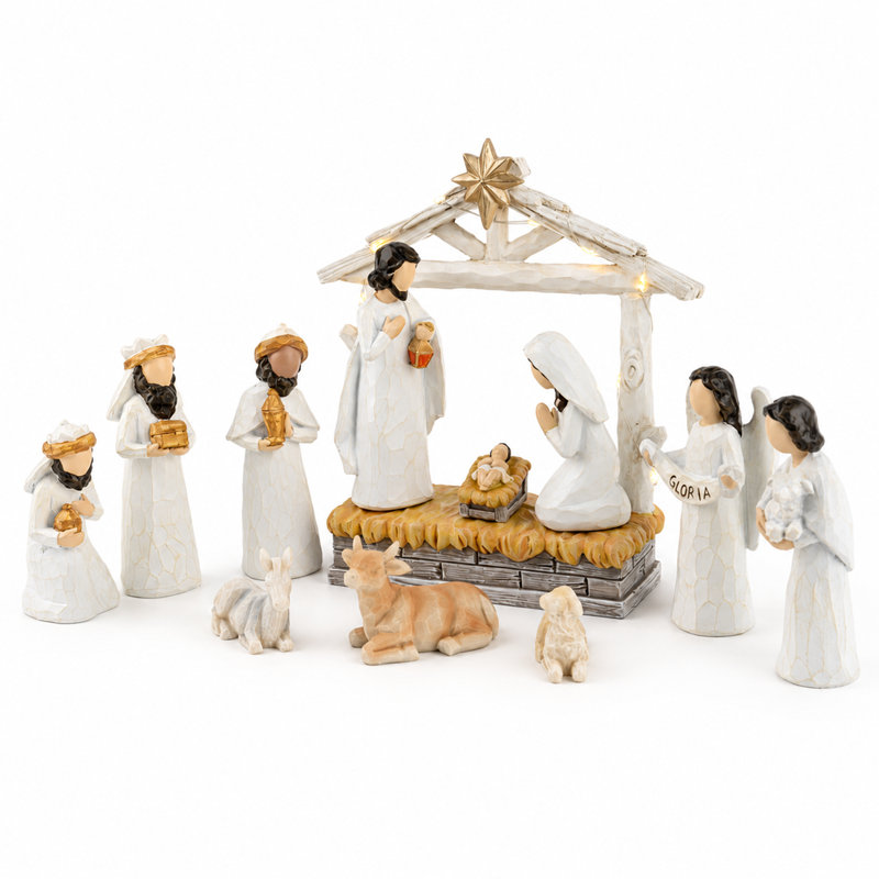 Crèche de Noël en résine de 12 pièces avec éclairage DEL intégré, idéale pour décorer une table.