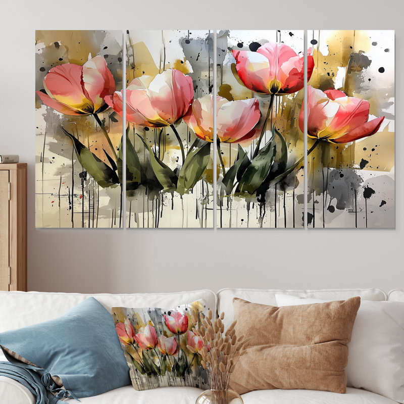 Watercolors Tulips Bouquet Of Spring Blooms II - Tulips Wall Decor - Art mural traditionnel 4 pièces, H 28 po x l 48 po