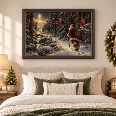 Père Noël marchant dans la forêt enneigée avec art de toile rouge de Noël