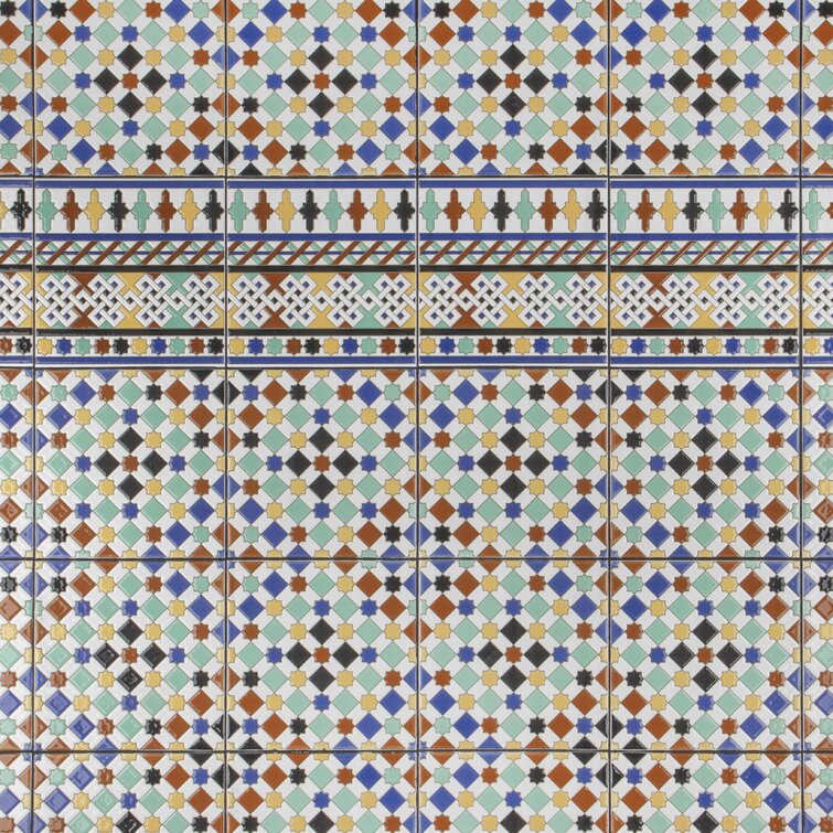 Sevillano Giralda 8" x 8" Ceramic Cenefa Border Tile in Blue/Red/Green