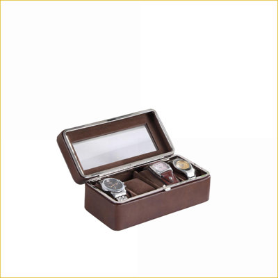 Watch Display Case, 4-Slot Tempered Glass Lid | Brown Leatherette | Brown | Glass
