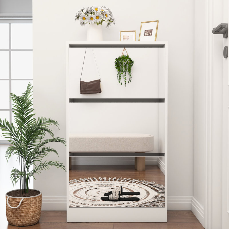 Étagère à chaussures étroite avec miroir et 3 niveaux, rangement en bois mince pour maison et appartement, blanc mat, armoire à tiroirs, Tier Home, blanc mat, rétractable