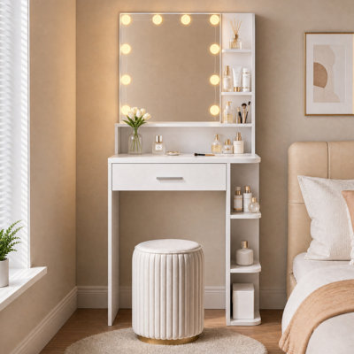 Petit bureau de coiffeuse 26,4 "avec miroir lumineux, 3 modes de couleurs, tiroir et rangement à 6 niveaux, blanc