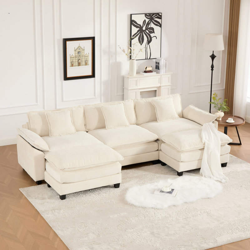 Canapé modulaire en forme de U Grid, canapé surdimensionné avec repose-pieds, Chenille beige, H 33 po x l 117 po x P 30 po