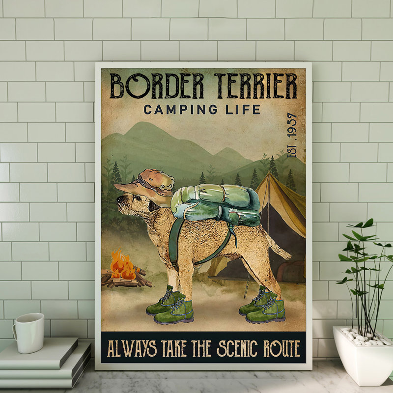 «Camping Life - Always Take The Scenic Route», toile tendue avec châssis - Illustration de camping décor, décoration intérieure verte et brune