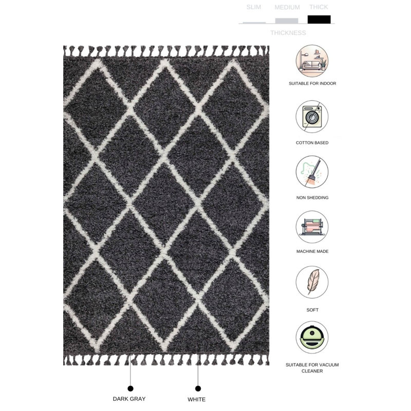 Tapis rectangulaire gris en polyester tissé à la machine Marquavius, Rectangle 6 pi 7 po x 9 pi 7 po