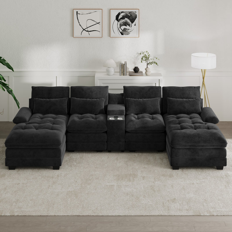 Oversized 134"W 4 Piece U-Shape Sectional with Console & Cup Holders, Black