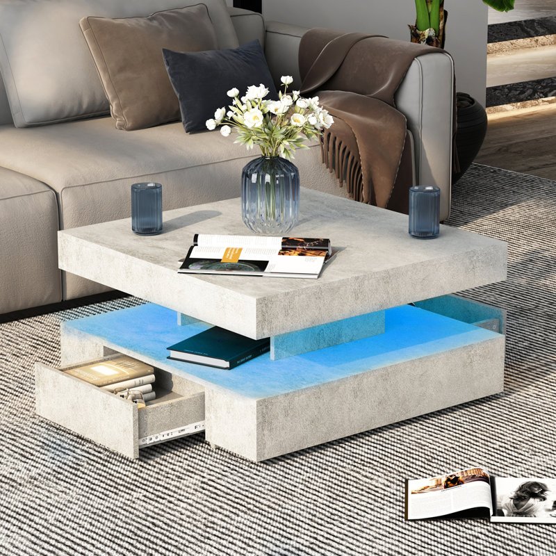 Modern Coffee Table with Storage – Unique Square Design for Living Room & 20-Colour RGB LED Light Strip, Grey